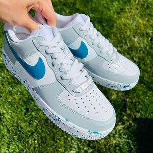 Nike Air Force 1 Womens Gray/Turquoise Colorblock Splatter Custom Sneakers